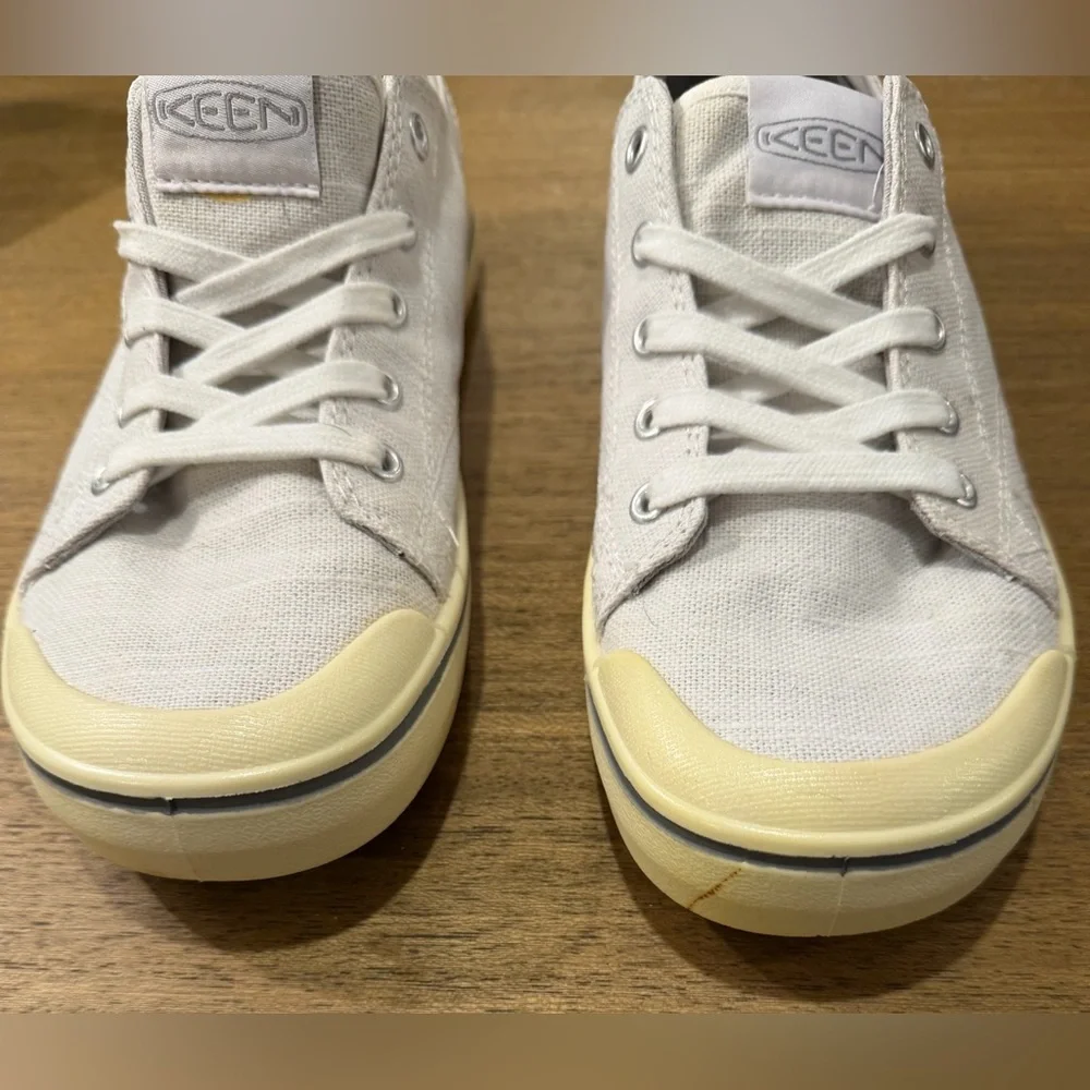 Keen - White Canvas Sneakers with Yellow Sole and Navy Trim - 8 - Picture 1 of 8
